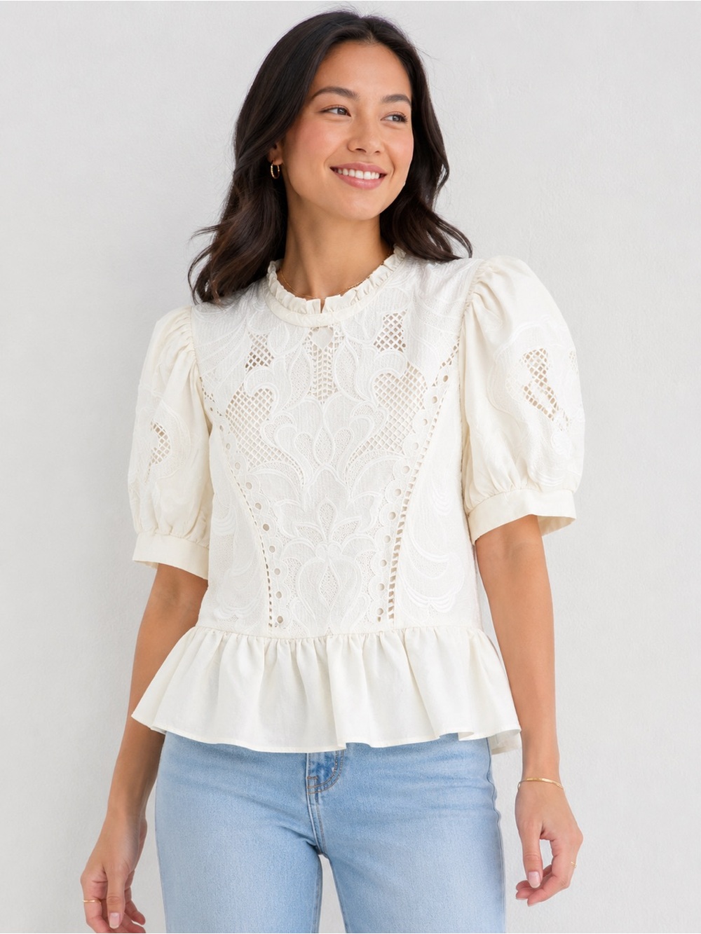 Express Cream Lace Peplum Puff-Sleeve Blouse L